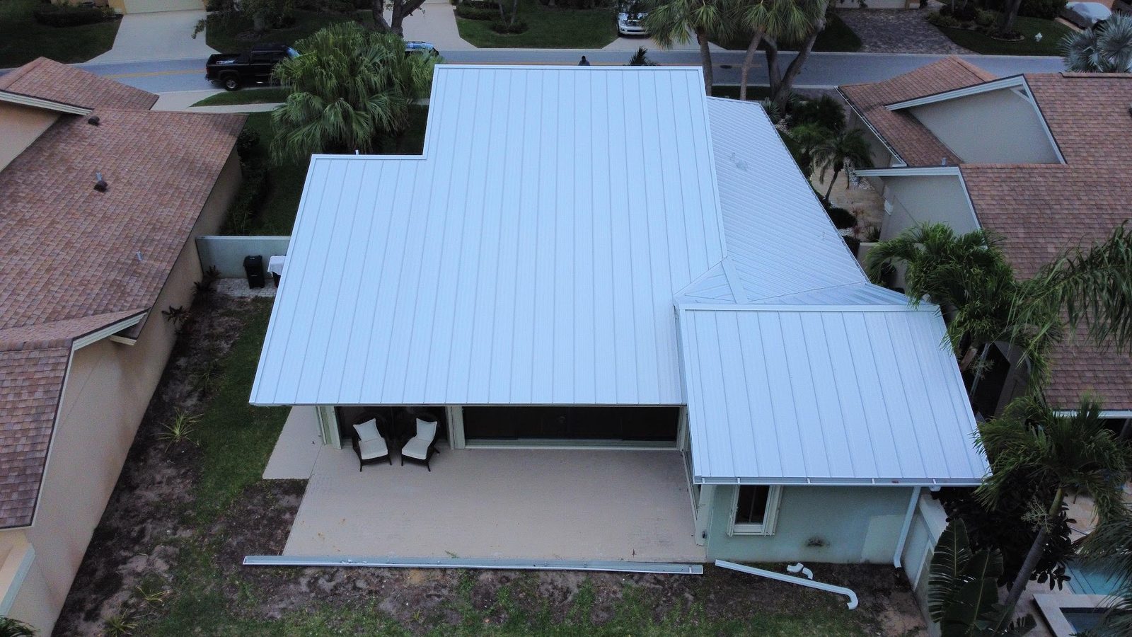 Aerial view of a metal roof on a Florida home