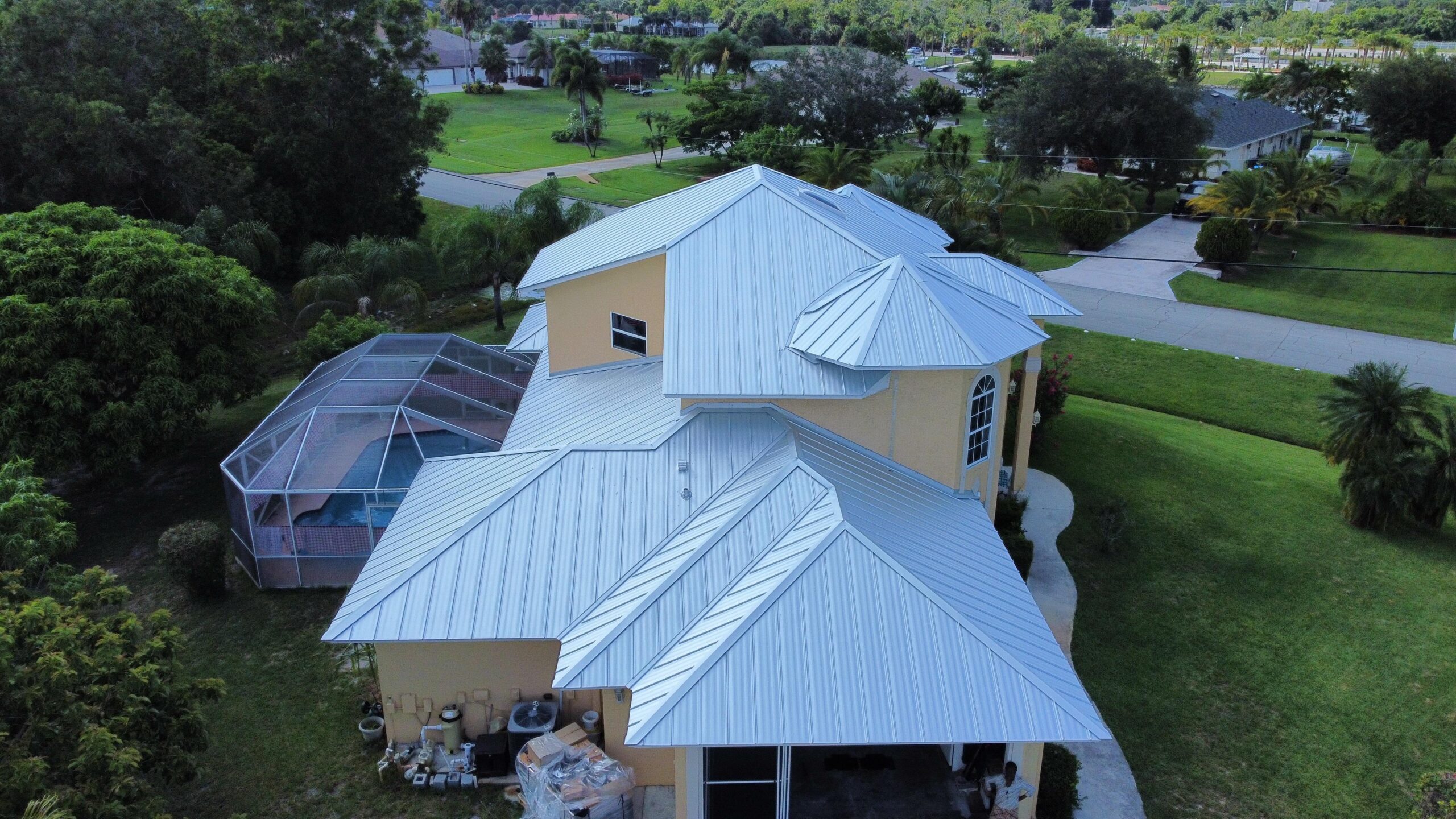 Metal roof installation aerial view - South Florida